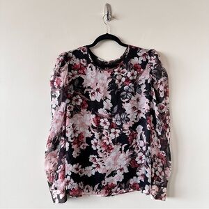 VINCE Camuto-Dark Floral Sheer Puff Sleeve Spring/Summer Blouse (Size:Large)